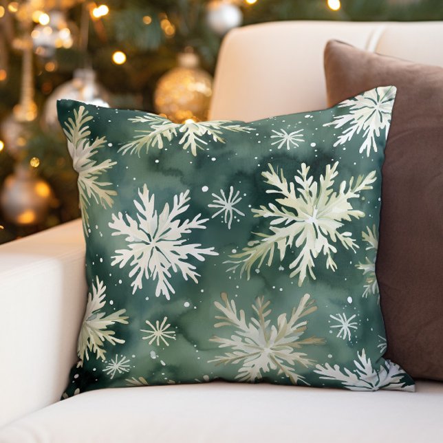 Almofada Flocos de neve brancos verdes Férias de inverno (Green and white snowflakes Christmas/holiday decorator pillow)