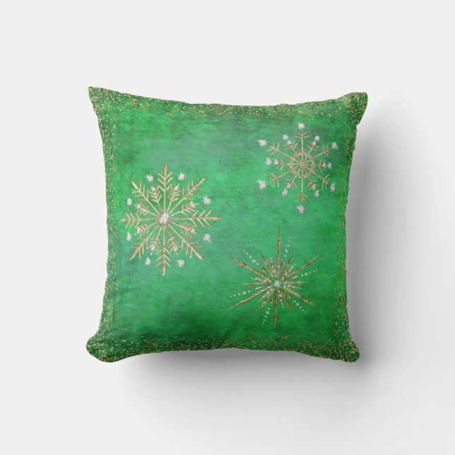 Almofada Flocos de neve de Natal verdes e Dourados (Frente)