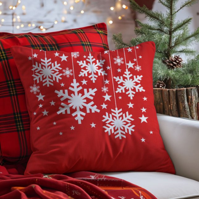 Almofada Flocos de neve e Travesseiros de estrelas, vermelh (Red Snowflakes and Stars Christmas Throw Pillow)
