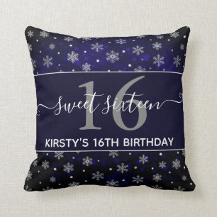 Almofada Flocos de Neve em Folha de Prata & bokeh azul Doze