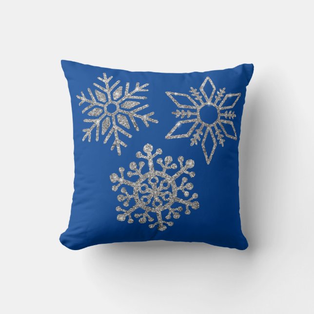 Almofada Flocos de neve prateados em azul-inverno (Frente)