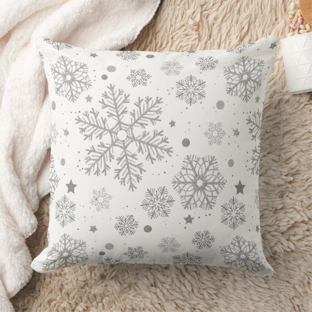 Almofada Flocos de neve prateados em branco (Cobertor)