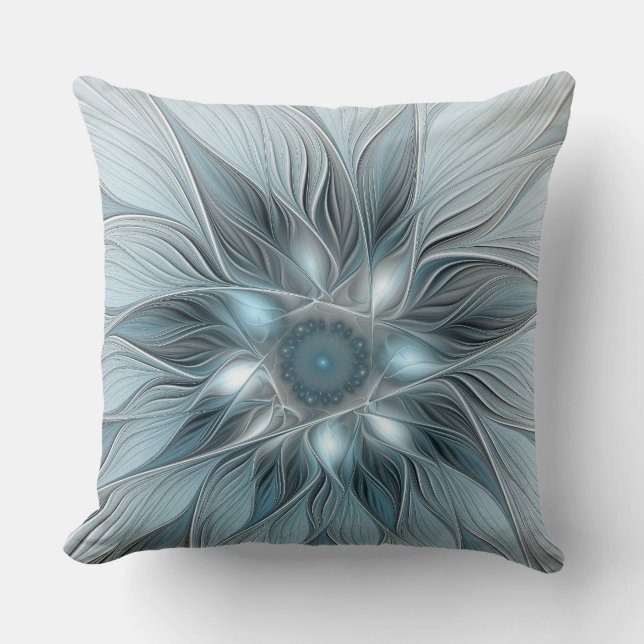 Almofada Flor Abstrata Alegre Azul Cinza Floral Fractal (Frente)