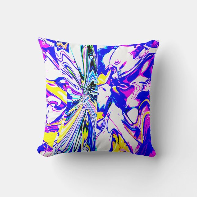 Almofada Flor Abstrato de Sonho Azul com Rosa e Amarelo (Frente)