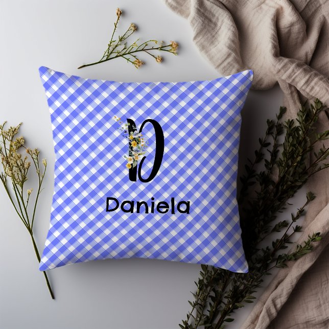 Almofada Flor de água-marinha monocromática gingham azul mi (Criador carregado)