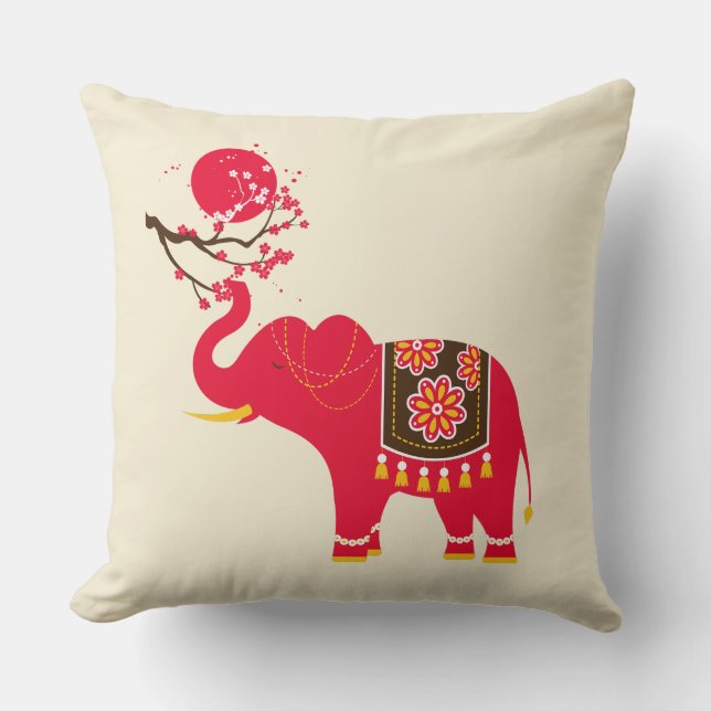Almofada Flor de Cereja Japonês com Elefante Vermelho (Frente)