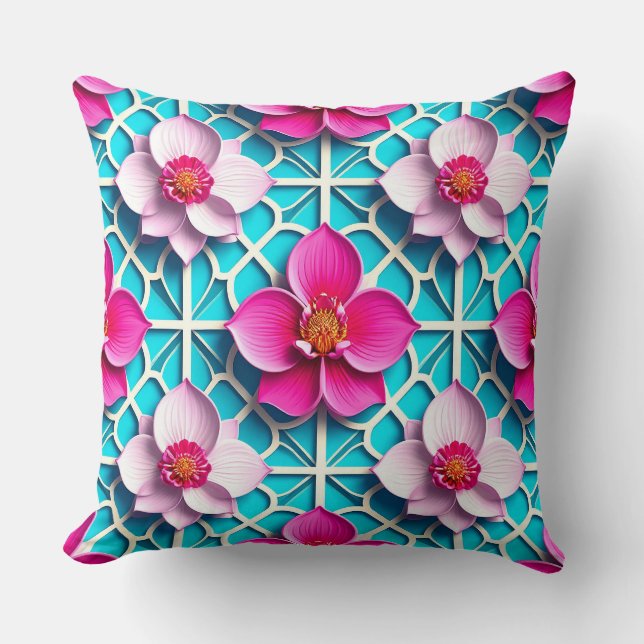 Almofada Flor de Geométrico Floral Turquesa Rosa (Frente)