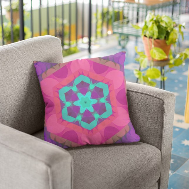 Almofada Flor de Mandala, cor-de-rosa, azul e púrpura (Criador carregado)
