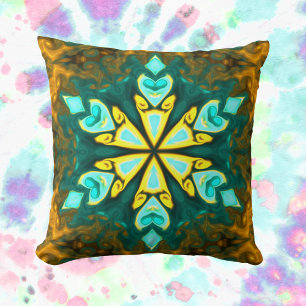Almofada Flor de Mandala Psicodélico Teal e Amarelo