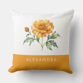 Almofada Flor de Marigold em Aquarela com Nome Personalizad