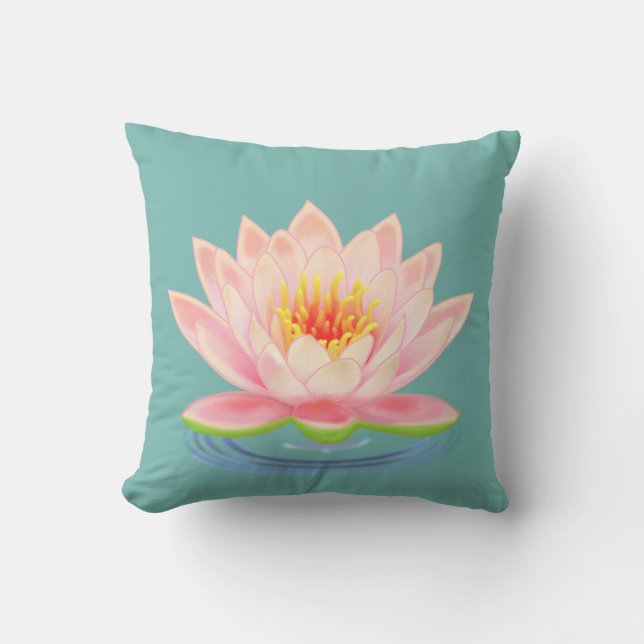 Almofada Flor de Nenúfar Rosa na Cor Azul-Cinzento (Frente)