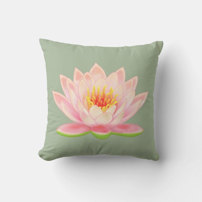 Almofada Flor de Nenúfar Rosa sobre Verde Louro (Frente)