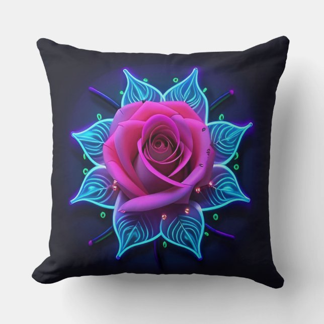 Almofada Flor de Neon com Padrões de Luz Azul (Frente)