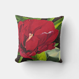 Almofada Flor de Peony Vermelha com folhas verdes