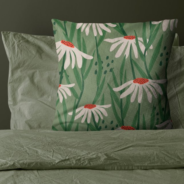 Almofada Flor Desenho Da Mão Verde Sage (Chamomile Flower in a sage green background of soft warm cream color make this design a great choice)
