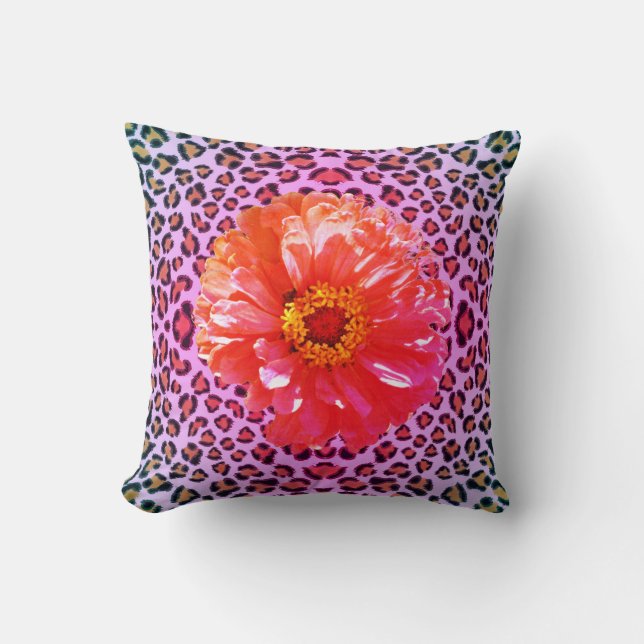Almofada Flor funky rosa e laranja com padrão de leopardo (Frente)