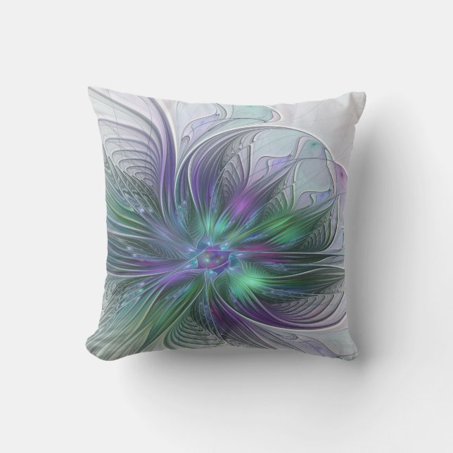 Almofada Flor Moderna Arte Abstrata Fractal Roxa Verde (Frente)
