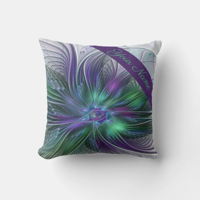 Almofada Flor Nome Abstrato Fractal Moderno Roxo Verde (Frente)