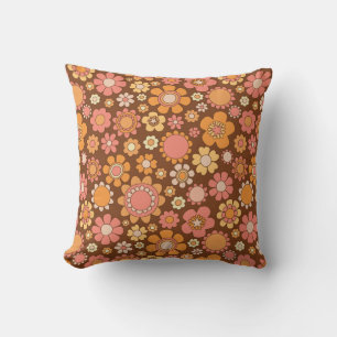 Almofada Flor Power 70's Padrão Floral Castanho Cor-de-Ros