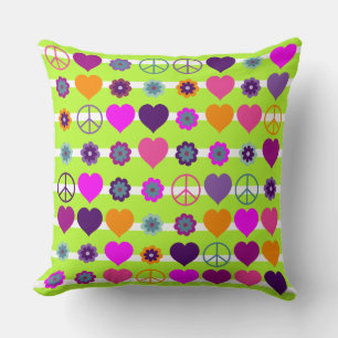 Almofada Flor Power Heart Peace Pattern + seu backgr.