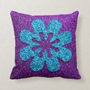 Almofada Flor retro do roxo & do brilho azul
