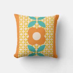 Almofada Flor Retro, Padrão Geográfico Laranja, Teal, Rosa