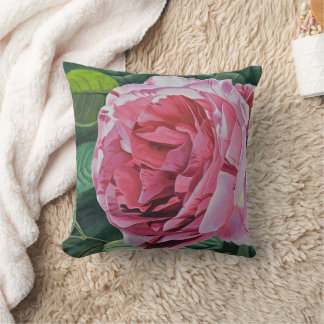 Almofada Flor rosa de Peony com folhas verdes, costas sólid