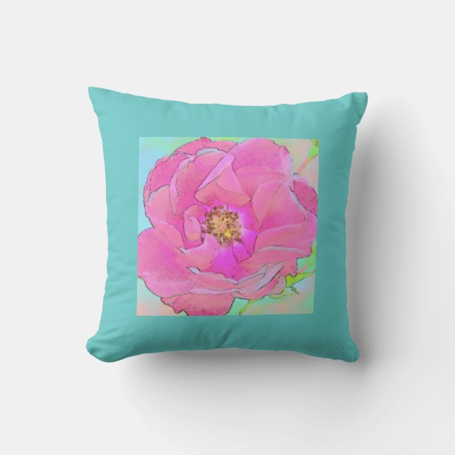Almofada Flor rosa-rosa-Pastel — Borda Azul-Claro (Frente)
