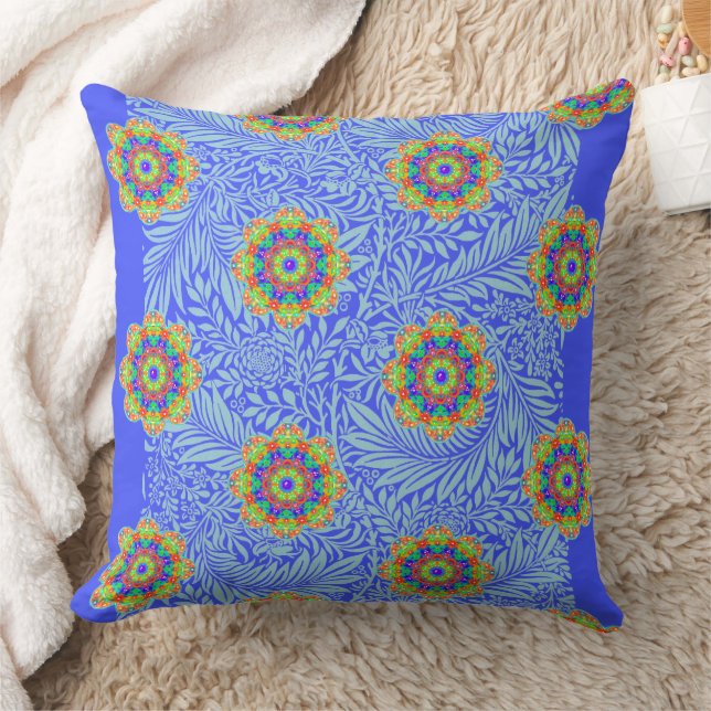 Almofada Flor Verde Laranja Azul Mandala Reversível Boho (Cobertor)