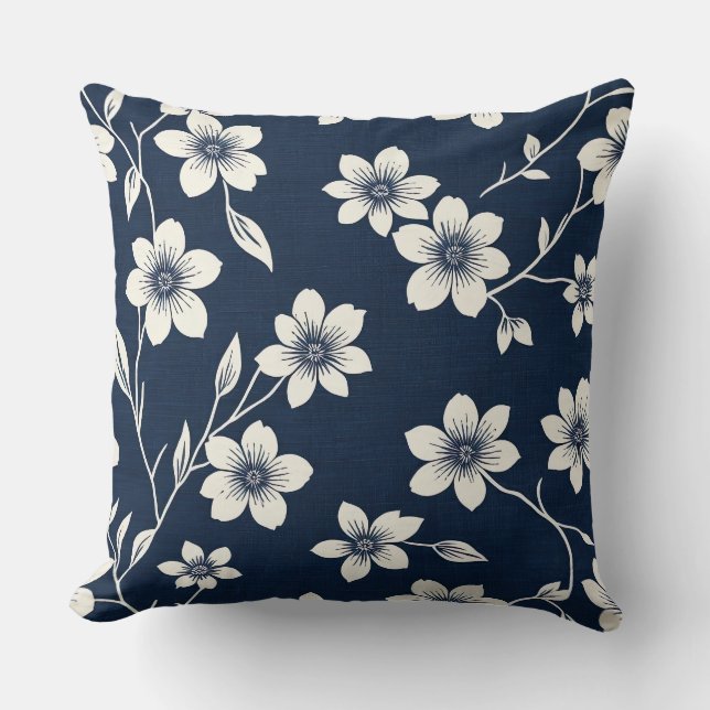 Almofada floradas de cereja azul e branca - estilo de impre (Frente)