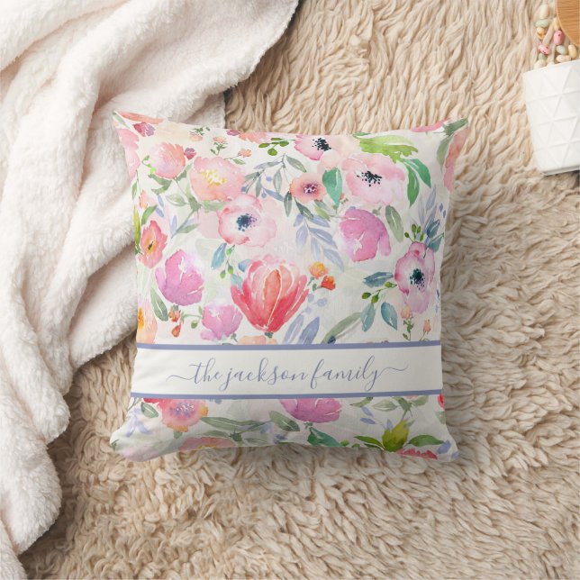 Almofada Florais branco rosa nome da família boho script (Cobertor)
