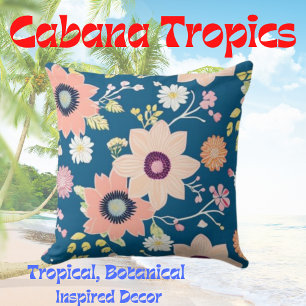 Almofada Florais Coloridos Tropicais Rosa, Azul, Esbranquiç