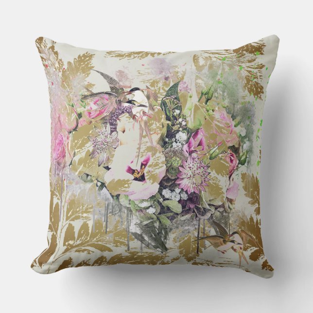 Almofada Florais Contemporâneos, Pássaros Salgam Fundo (Frente)