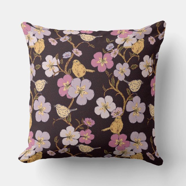 Almofada Florais e Pássaros de Reboque Whimsical - Preto/Ve (Frente)