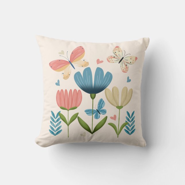 Almofada Florais em matizes azuis e laranja (Frente)