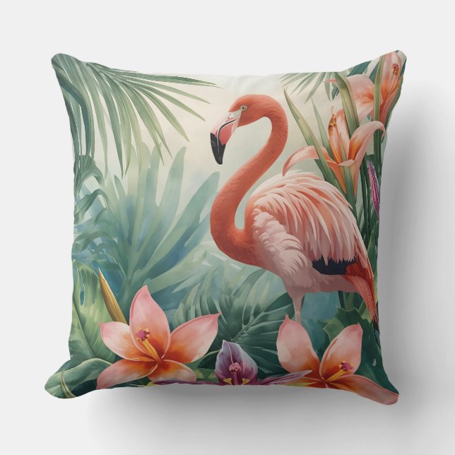 Almofada Florais Tropicais e Flamingo (Frente)