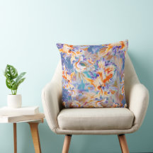 Almofada Floral Abstrata Laranja e Azul Vibrante
