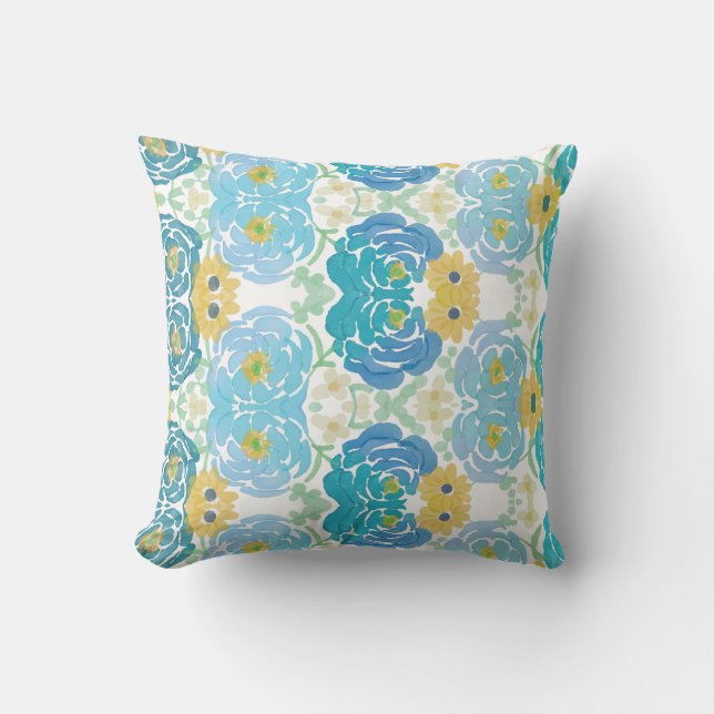 Almofada Floral Aquarela Azul e Amarelo (Frente)