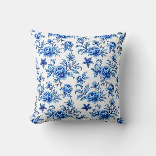 Almofada Floral Asiático Azul e Branco (Frente)