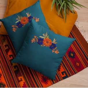 Almofada Floral Azul Marinho Laranja Russo de Outono