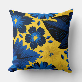 Almofada Floral Azul Negrito em Fundo Amarelo Vibrante