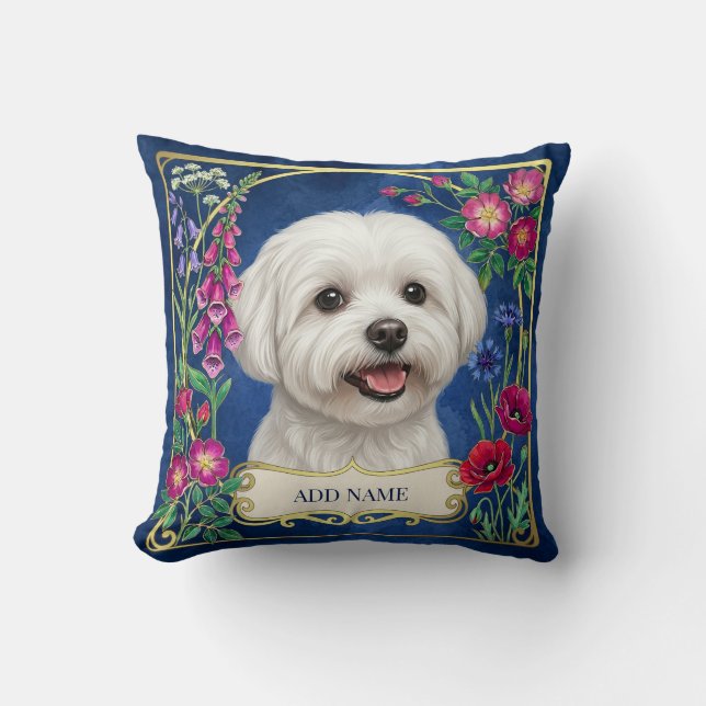 Almofada Floral Azul Personalizada com Cão Maltês (Frente)