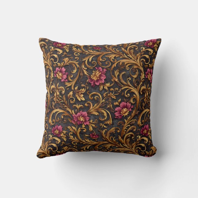 Almofada Floral Barroco Escuro com Rolos Dourados (Verso)