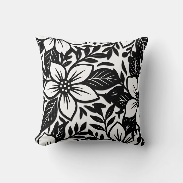 Almofada Floral Bloom Moderno Ousado Preto e Branco  (Frente)