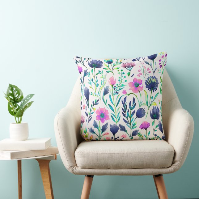 Almofada floral botânica azul e rosa. (Cadeira)