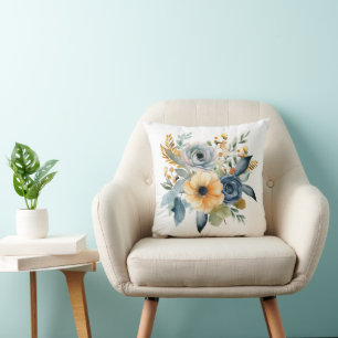 Almofada Floral Botânico de Flor Silvestre em Aquarela Azul