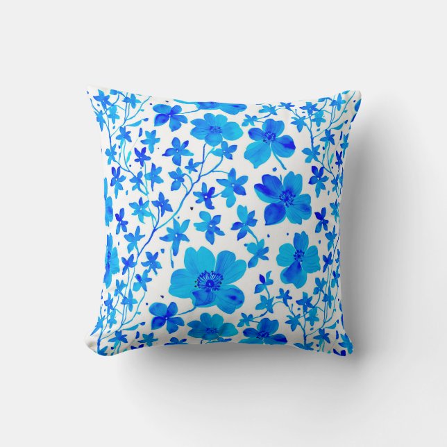 Almofada Floral Botânico em Azul Profundo e Branco (Frente)