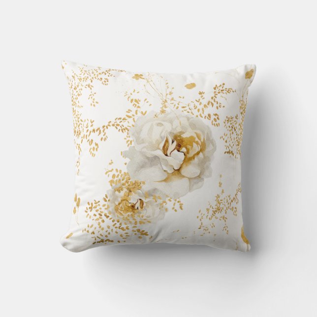 Almofada Floral Branco Dourado Elegante (Frente)