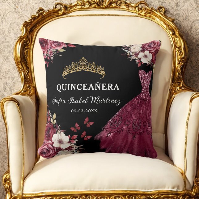 Almofada Floral Burgundy Princesa Quinceanera Aniversário (Criador carregado)