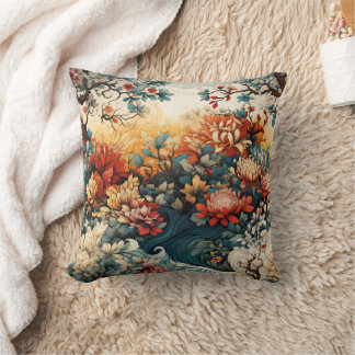 Almofada Floral Chinoiserie Dourada de Teal Laranja Queimad